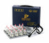 A 17-piece Hansol Professional Cupping and Massage Set displayed with various sized clear cups arranged on a metal tray and a black pistol hand pump, all placed inside a blue carrying case with Korean text.