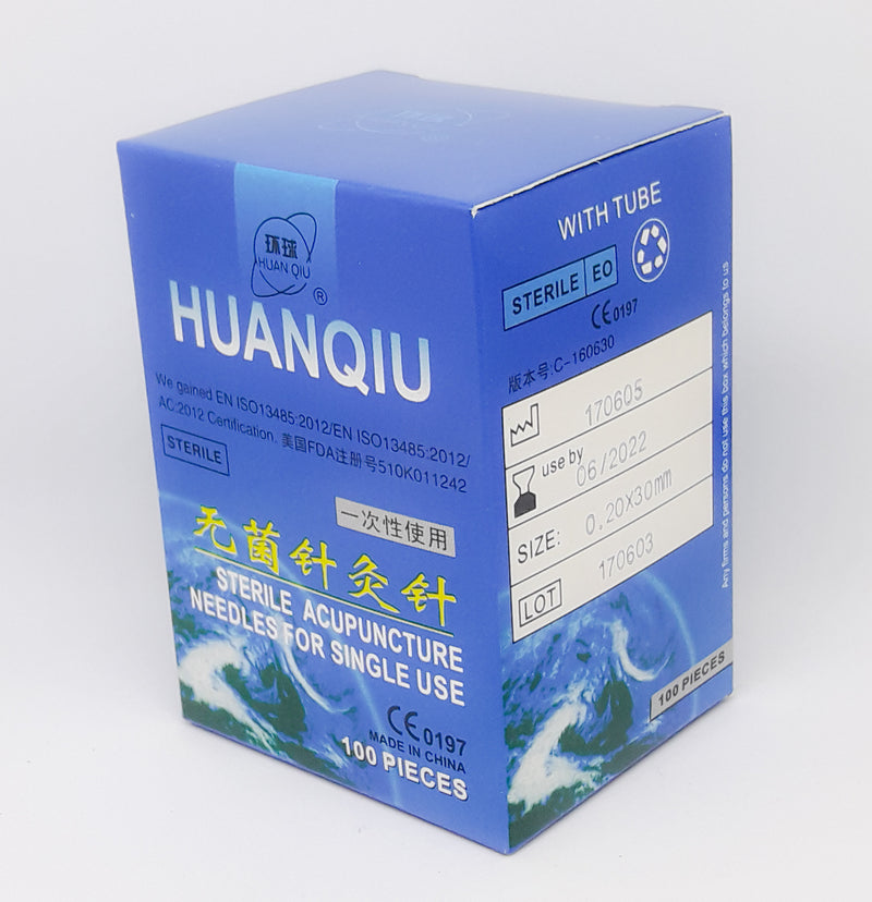 Huanqiu Acupuncture Needles box side view (0.16- 0.20 Gauge)